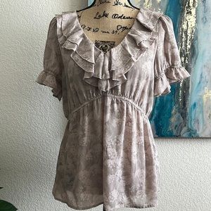 NWOT H & M Women's Top Blouse Vneck Mini Peplum Flowers Print Beige  Brown